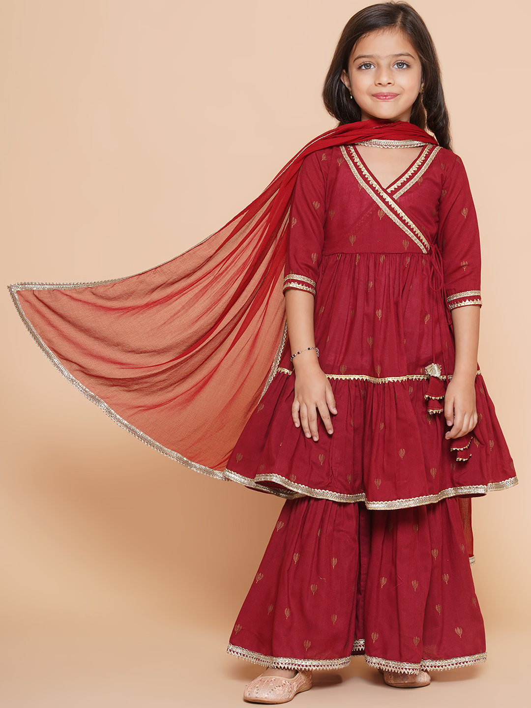 Girls Maroon Ethnic Motifs Printed Angrakha Gotta Patti Kurta Sharara & Dupatta for Kids - Bhama - Distacart