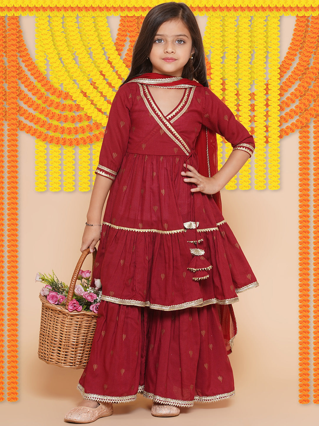 Girls Maroon Ethnic Motifs Printed Angrakha Gotta Patti Kurta Sharara & Dupatta for Kids - Bhama - Distacart