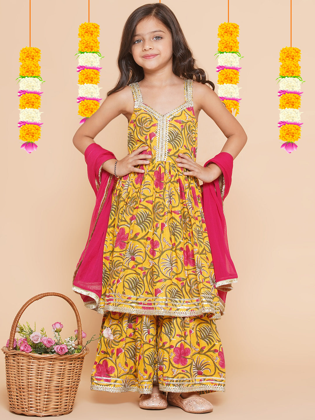Girls Yellow Floral Printed Cotton Kurta With Sharara with Dupatta for Kids - Bhama - Distacart