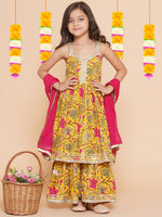 Thumbnail for Girls Yellow Floral Printed Cotton Kurta With Sharara with Dupatta for Kids - Bhama - Distacart
