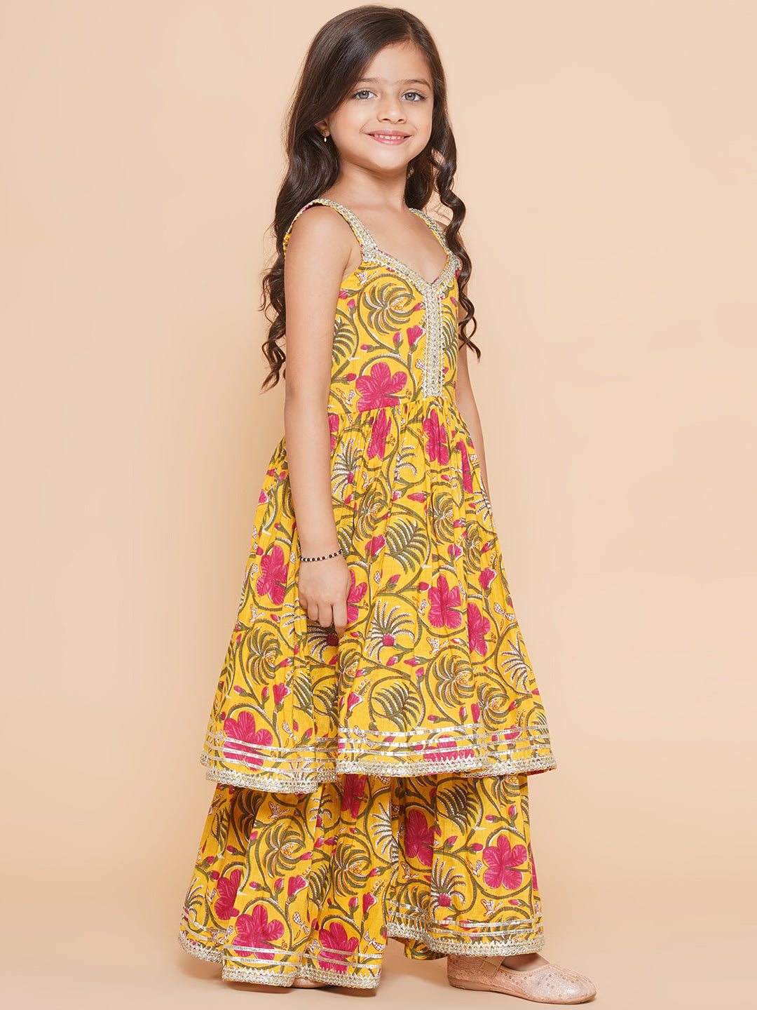 Girls Yellow Floral Printed Cotton Kurta With Sharara with Dupatta for Kids - Bhama - Distacart