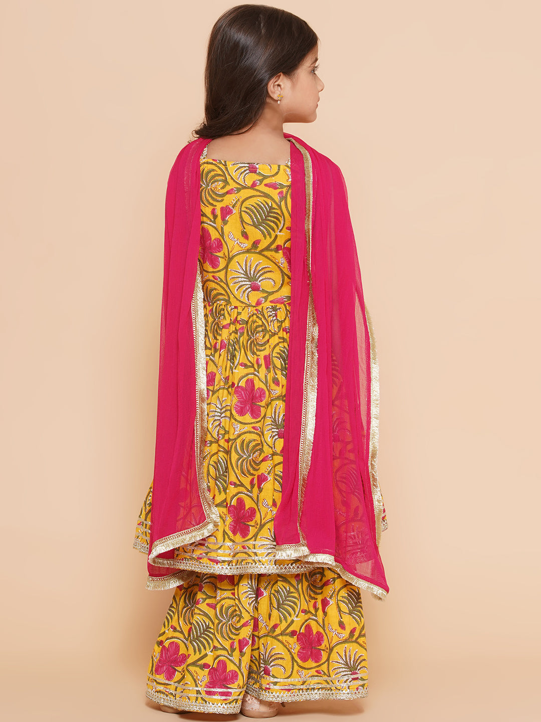 Girls Yellow Floral Printed Cotton Kurta With Sharara with Dupatta for Kids - Bhama - Distacart