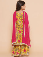 Thumbnail for Girls Yellow Floral Printed Cotton Kurta With Sharara with Dupatta for Kids - Bhama - Distacart