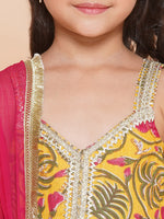 Thumbnail for Girls Yellow Floral Printed Cotton Kurta With Sharara with Dupatta for Kids - Bhama - Distacart