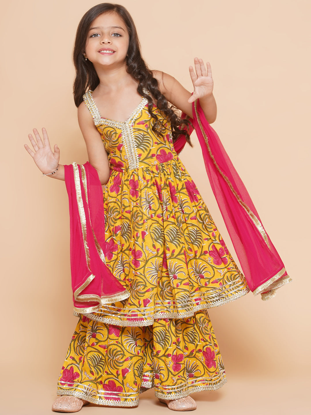 Girls Yellow Floral Printed Cotton Kurta With Sharara with Dupatta for Kids - Bhama - Distacart