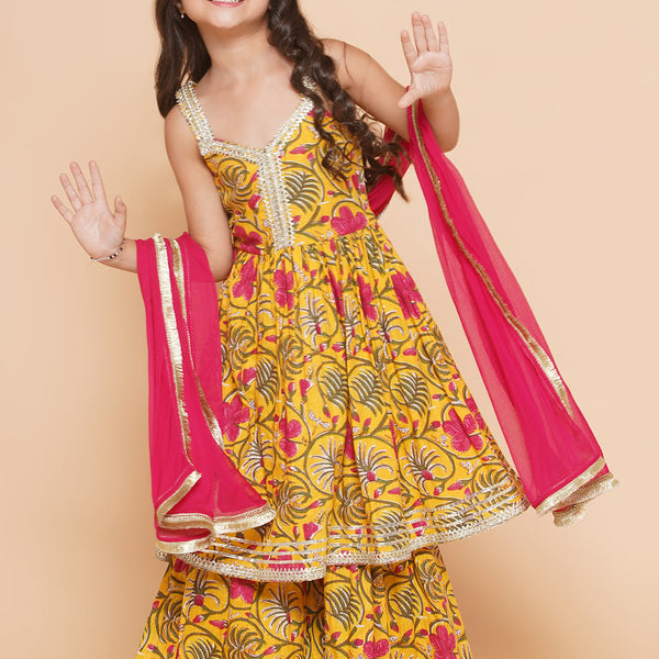 Girls Yellow Floral Printed Cotton Kurta With Sharara with Dupatta for Kids - Bhama - Distacart
