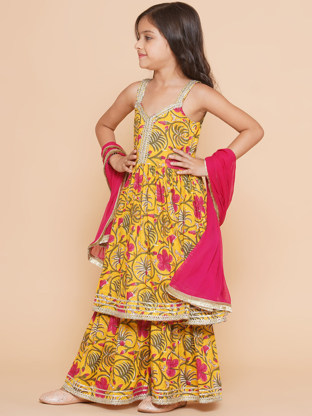 Girls Yellow Floral Printed Cotton Kurta With Sharara with Dupatta for Kids - Bhama - Distacart