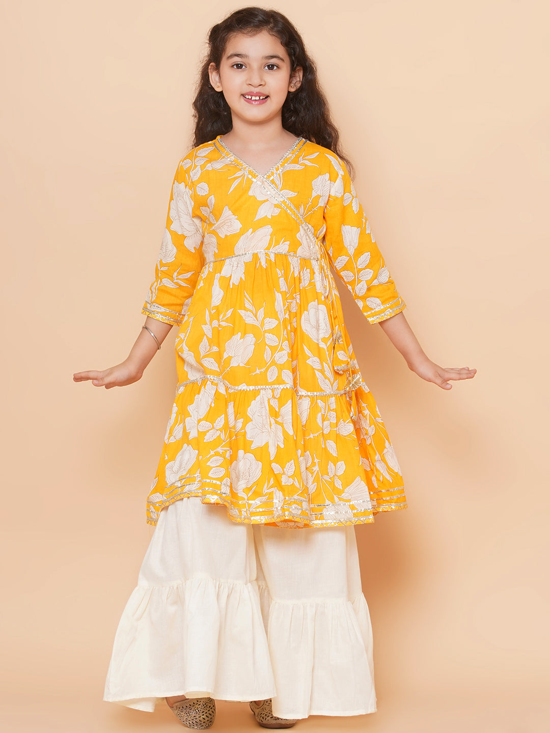 Girls Yellow Floral Printed Angrakha Gotta Patti Kurta With Sharara for Kids - Bhama - Distacart