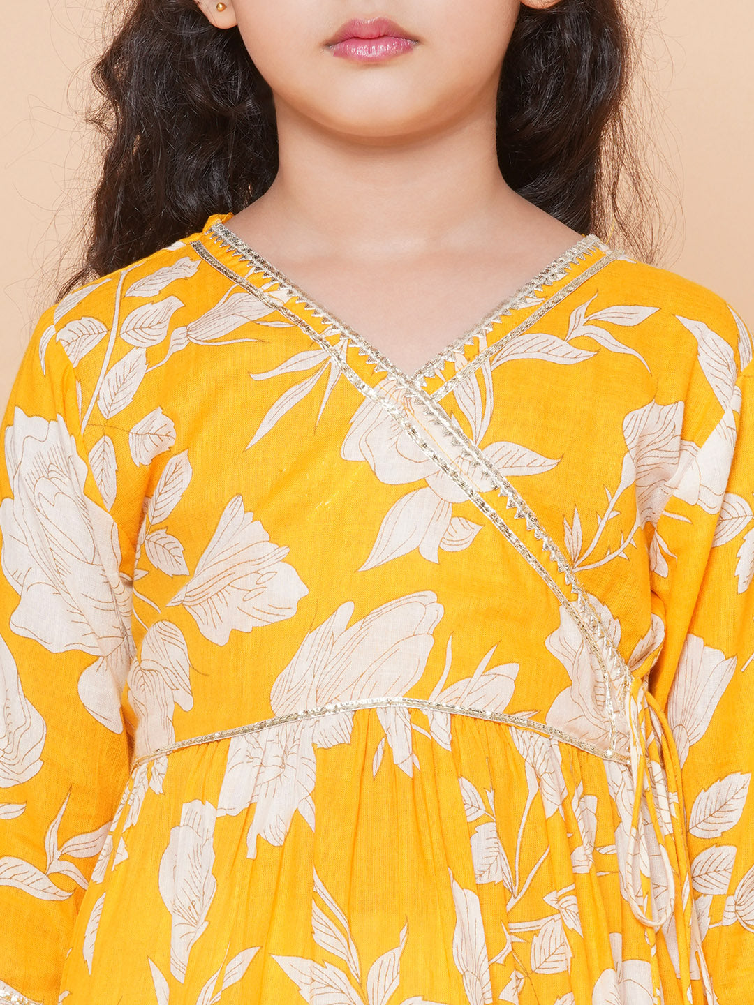 Girls Yellow Floral Printed Angrakha Gotta Patti Kurta With Sharara for Kids - Bhama - Distacart