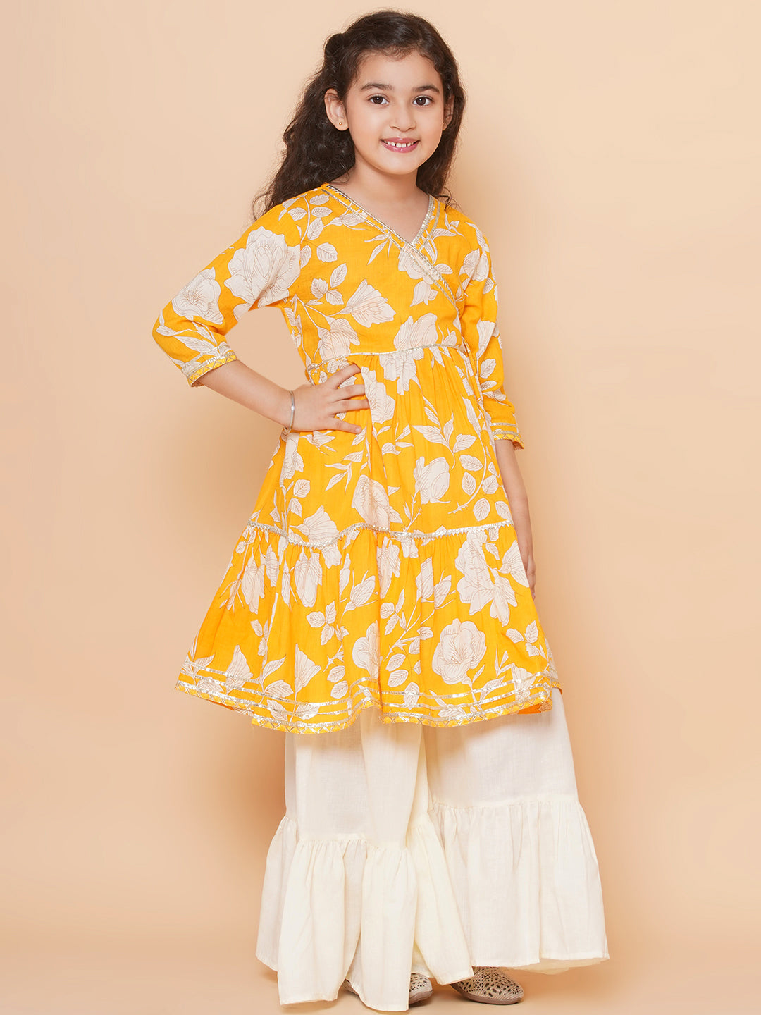 Girls Yellow Floral Printed Angrakha Gotta Patti Kurta With Sharara for Kids - Bhama - Distacart