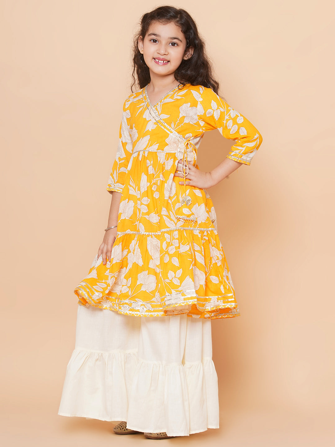 Girls Yellow Floral Printed Angrakha Gotta Patti Kurta With Sharara for Kids - Bhama - Distacart