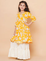 Thumbnail for Girls Yellow Floral Printed Angrakha Gotta Patti Kurta With Sharara for Kids - Bhama - Distacart