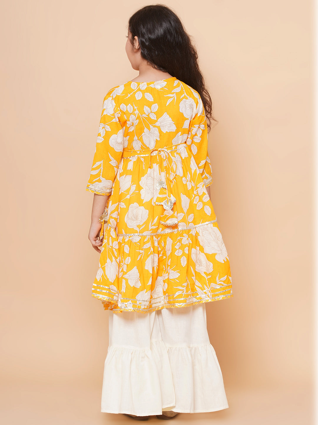 Girls Yellow Floral Printed Angrakha Gotta Patti Kurta With Sharara for Kids - Bhama - Distacart