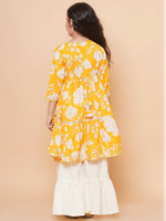 Thumbnail for Girls Yellow Floral Printed Angrakha Gotta Patti Kurta With Sharara for Kids - Bhama - Distacart