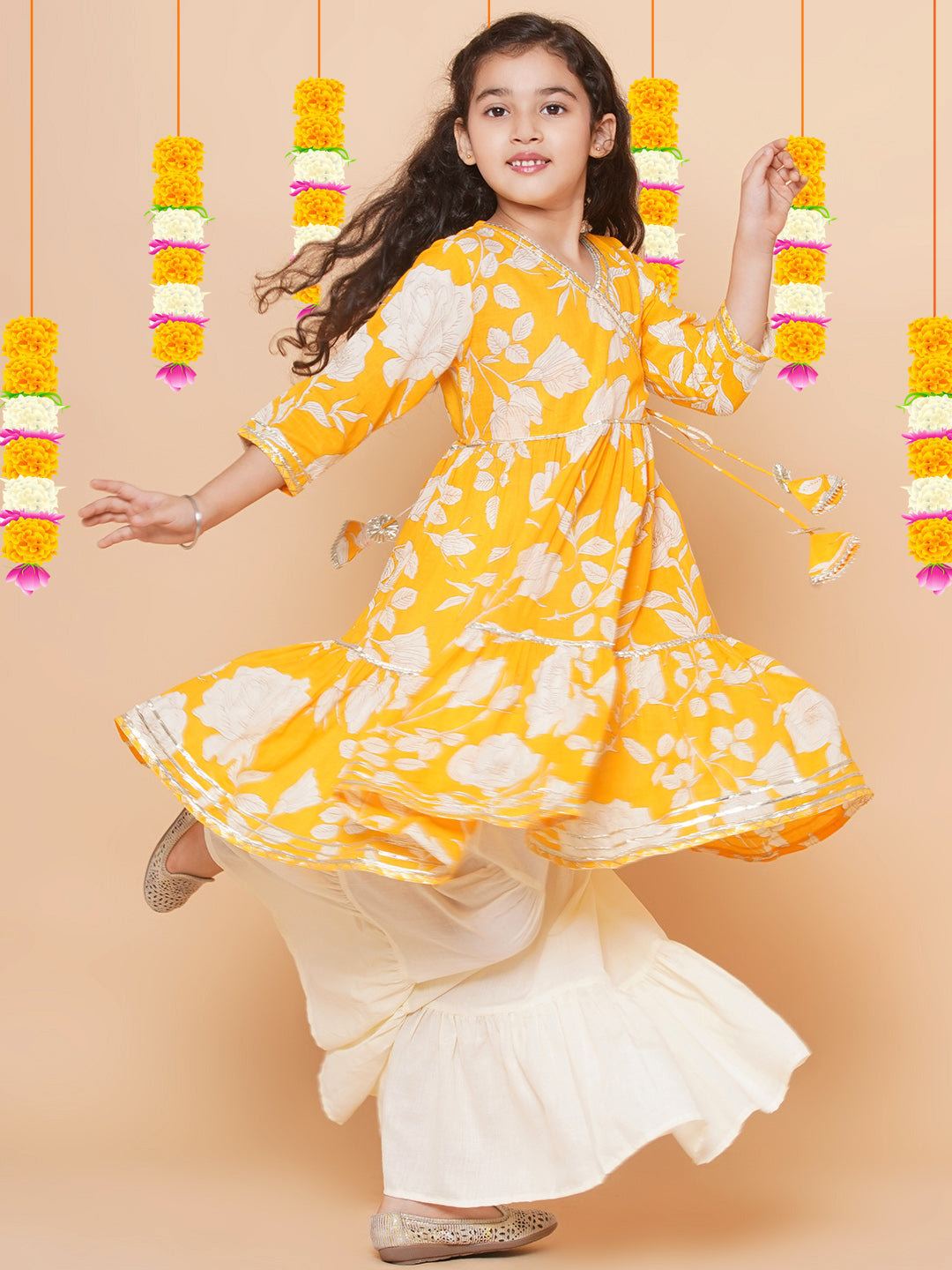 Girls Yellow Floral Printed Angrakha Gotta Patti Kurta With Sharara for Kids - Bhama - Distacart