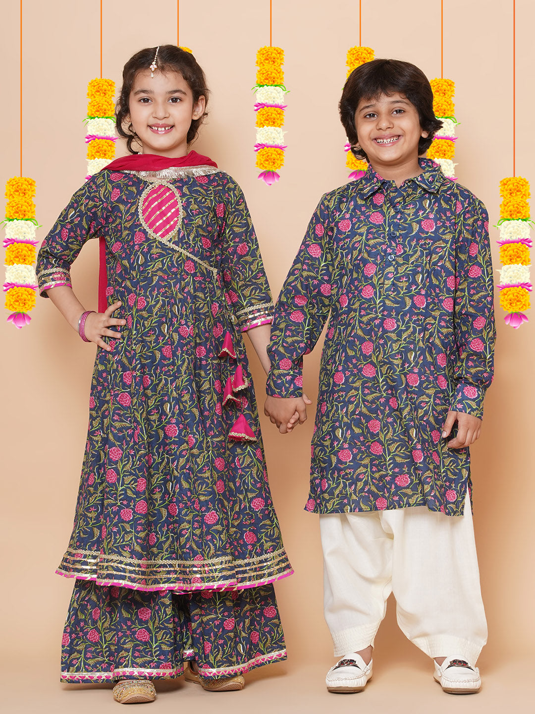 Girls Blue Floral Printed Angrakha Gotta Patti Kurta Sharara set With Dupatta for Kids - Bhama - Distacart
