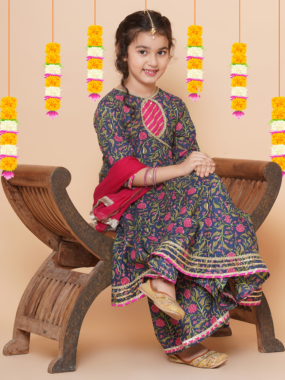 Girls Blue Floral Printed Angrakha Gotta Patti Kurta Sharara set With Dupatta for Kids - Bhama - Distacart