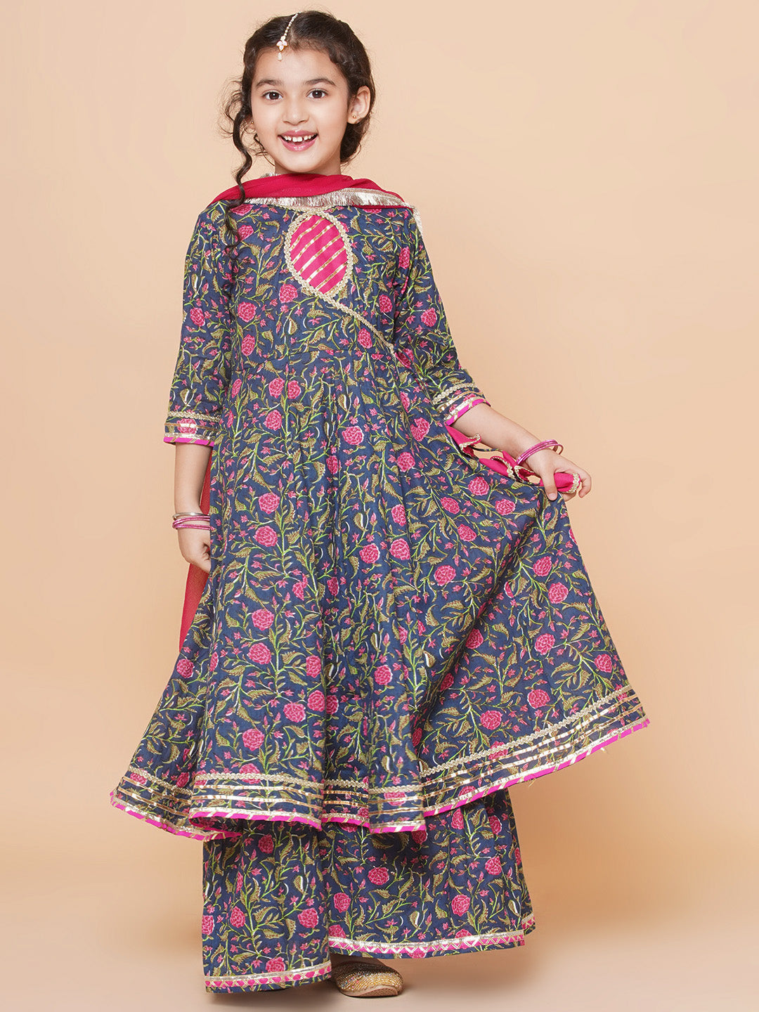 Girls Blue Floral Printed Angrakha Gotta Patti Kurta Sharara set With Dupatta for Kids - Bhama - Distacart
