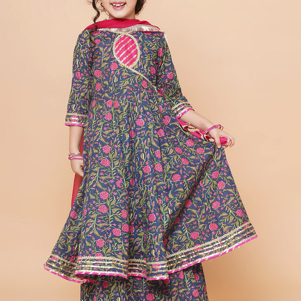 Girls Blue Floral Printed Angrakha Gotta Patti Kurta Sharara set With Dupatta for Kids - Bhama - Distacart