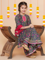 Thumbnail for Girls Blue Floral Printed Angrakha Gotta Patti Kurta Sharara set With Dupatta for Kids - Bhama - Distacart