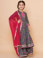 Thumbnail for Girls Blue Floral Printed Angrakha Gotta Patti Kurta Sharara set With Dupatta for Kids - Bhama - Distacart