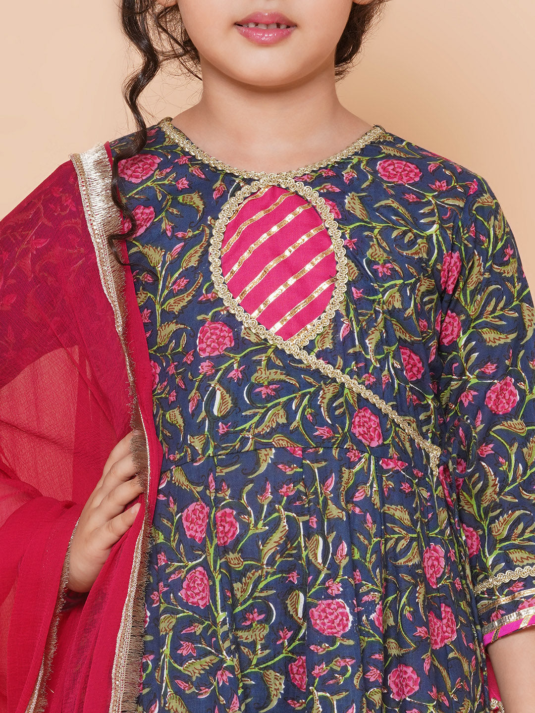 Girls Blue Floral Printed Angrakha Gotta Patti Kurta Sharara set With Dupatta for Kids - Bhama - Distacart