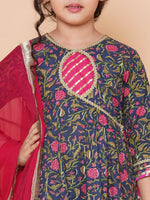 Thumbnail for Girls Blue Floral Printed Angrakha Gotta Patti Kurta Sharara set With Dupatta for Kids - Bhama - Distacart