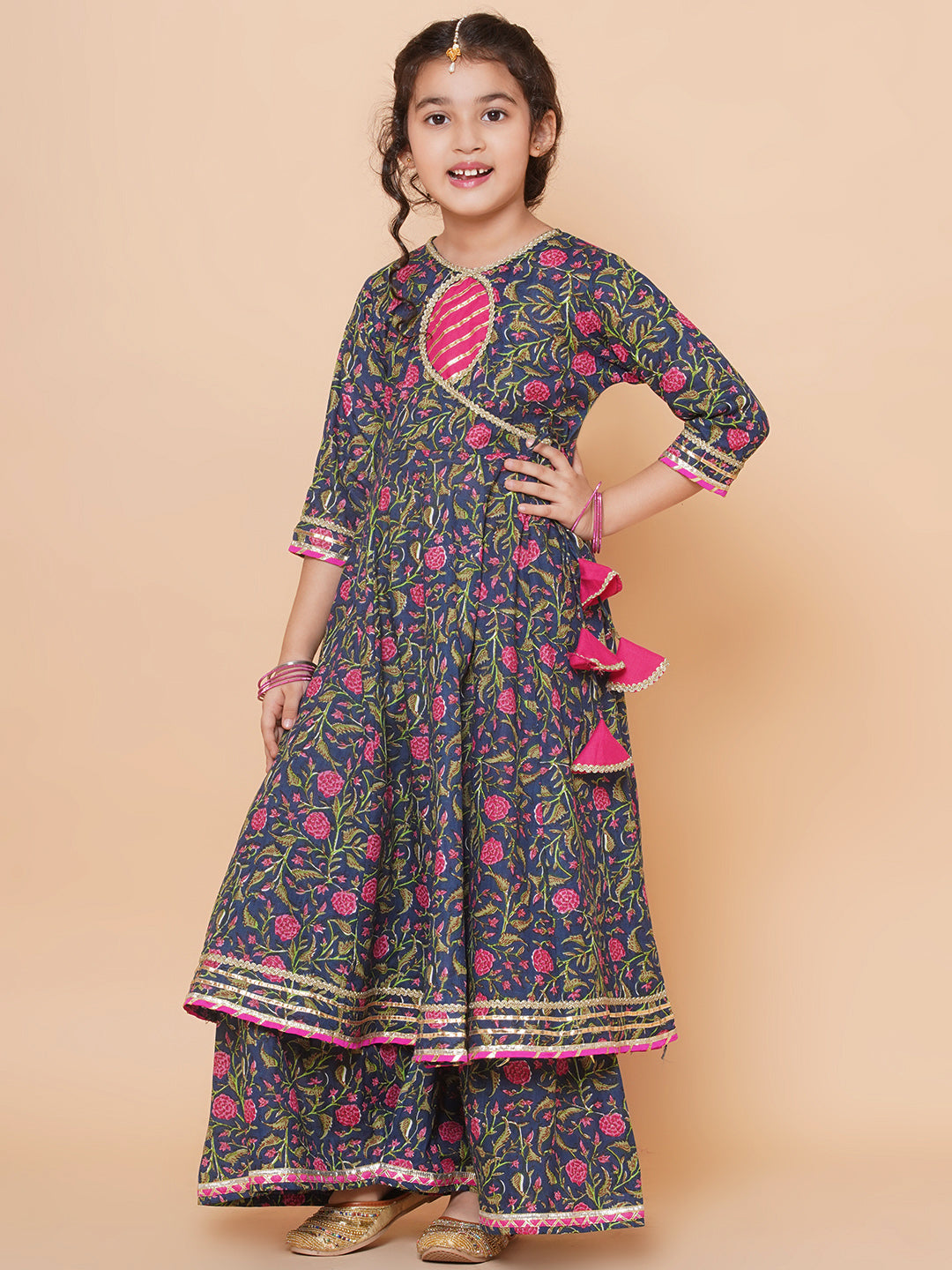 Girls Blue Floral Printed Angrakha Gotta Patti Kurta Sharara set With Dupatta for Kids - Bhama - Distacart
