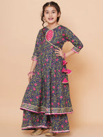 Thumbnail for Girls Blue Floral Printed Angrakha Gotta Patti Kurta Sharara set With Dupatta for Kids - Bhama - Distacart