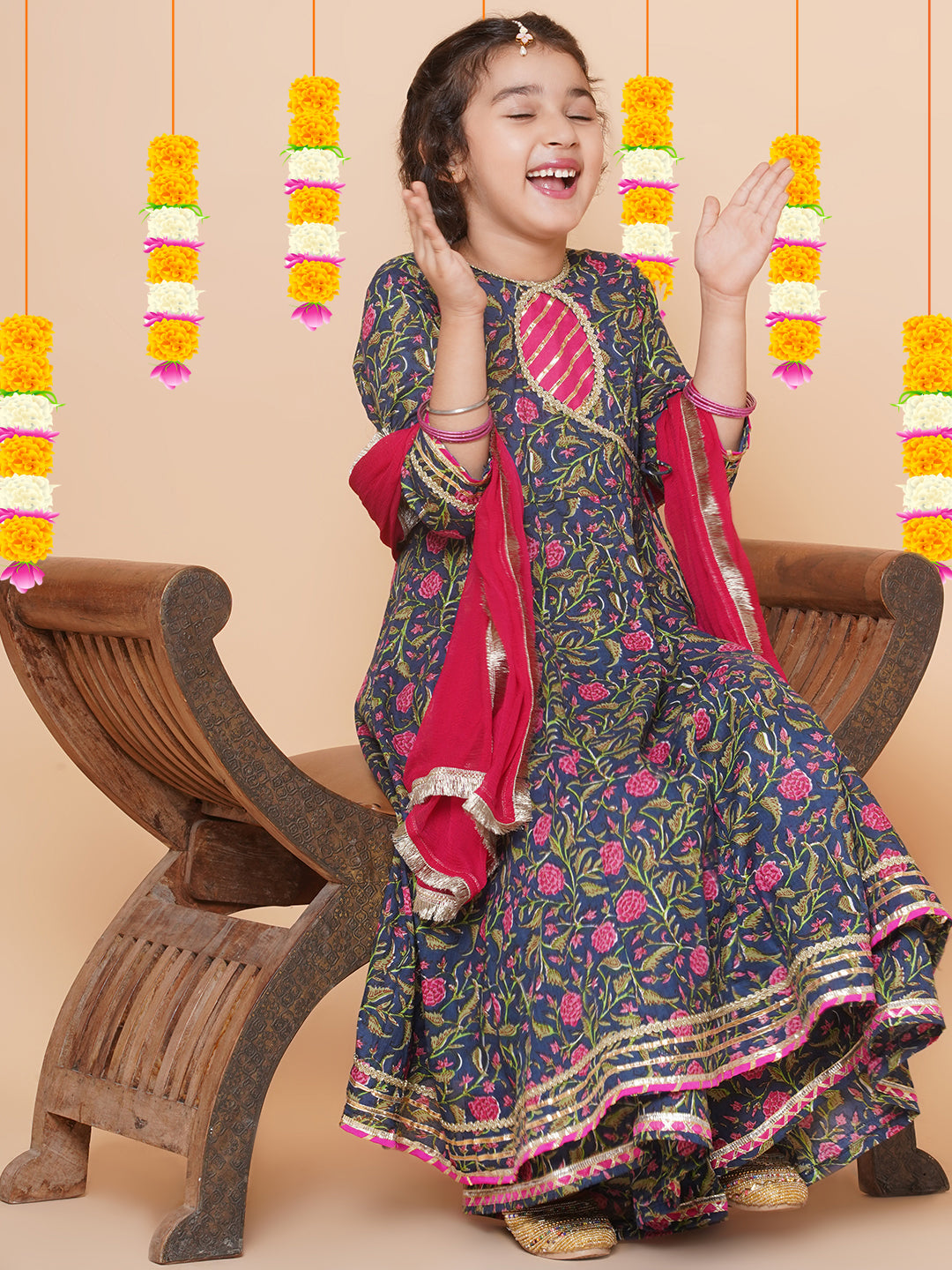Girls Blue Floral Printed Angrakha Gotta Patti Kurta Sharara set With Dupatta for Kids - Bhama - Distacart