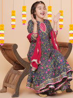 Thumbnail for Girls Blue Floral Printed Angrakha Gotta Patti Kurta Sharara set With Dupatta for Kids - Bhama - Distacart
