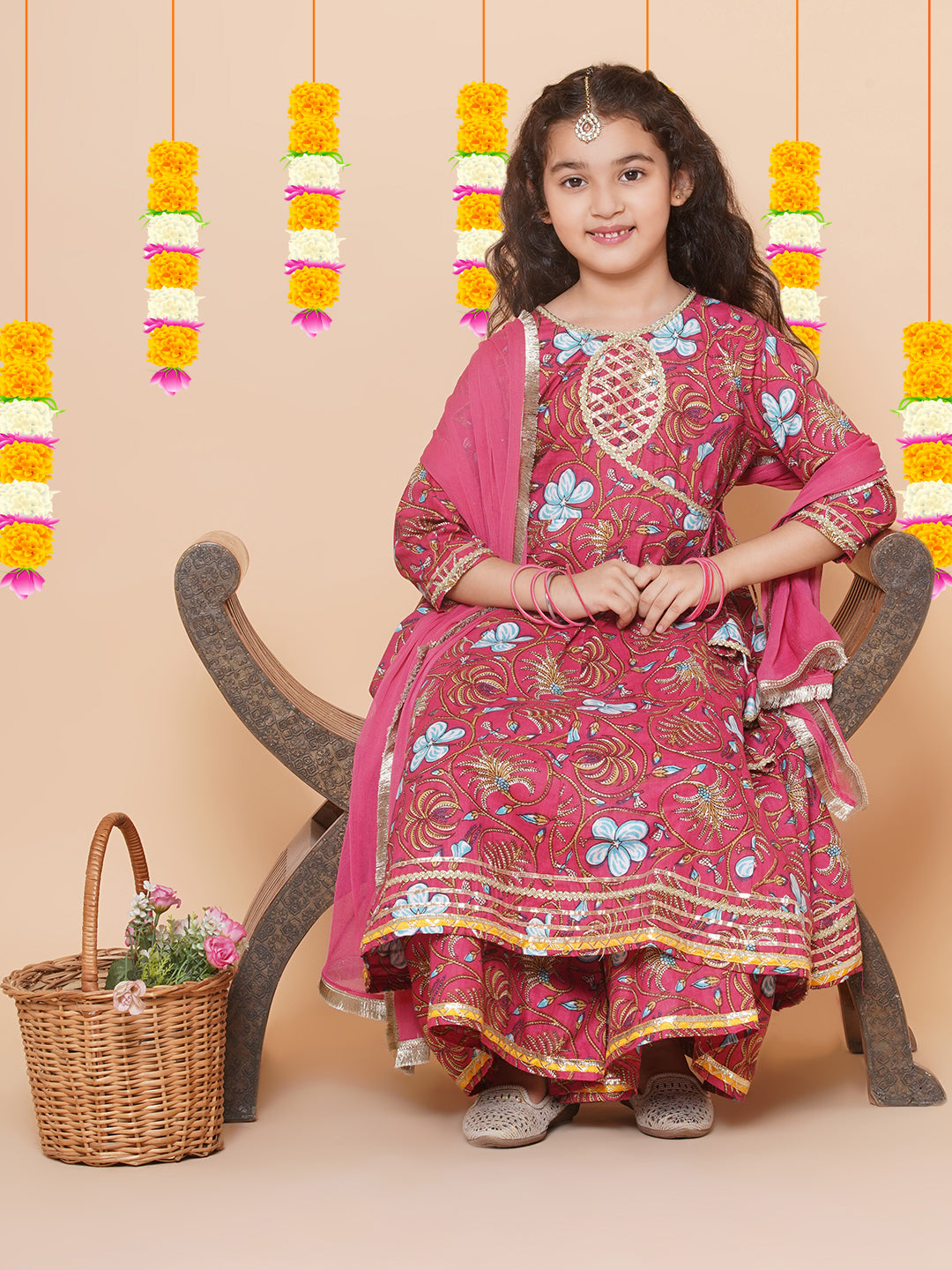 Girls Peach Floral Printed Angrakha Gotta Patti Kurta & Sharara set With Dupatta for Kids - Bhama - Distacart