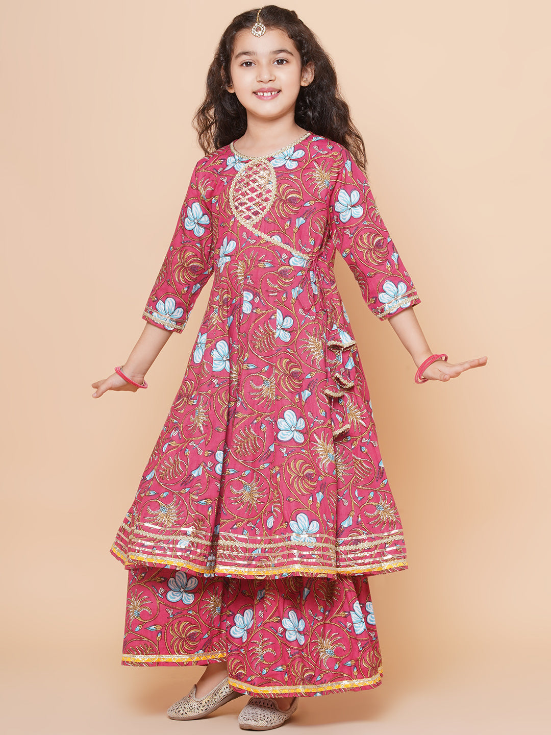 Girls Peach Floral Printed Angrakha Gotta Patti Kurta & Sharara set With Dupatta for Kids - Bhama - Distacart