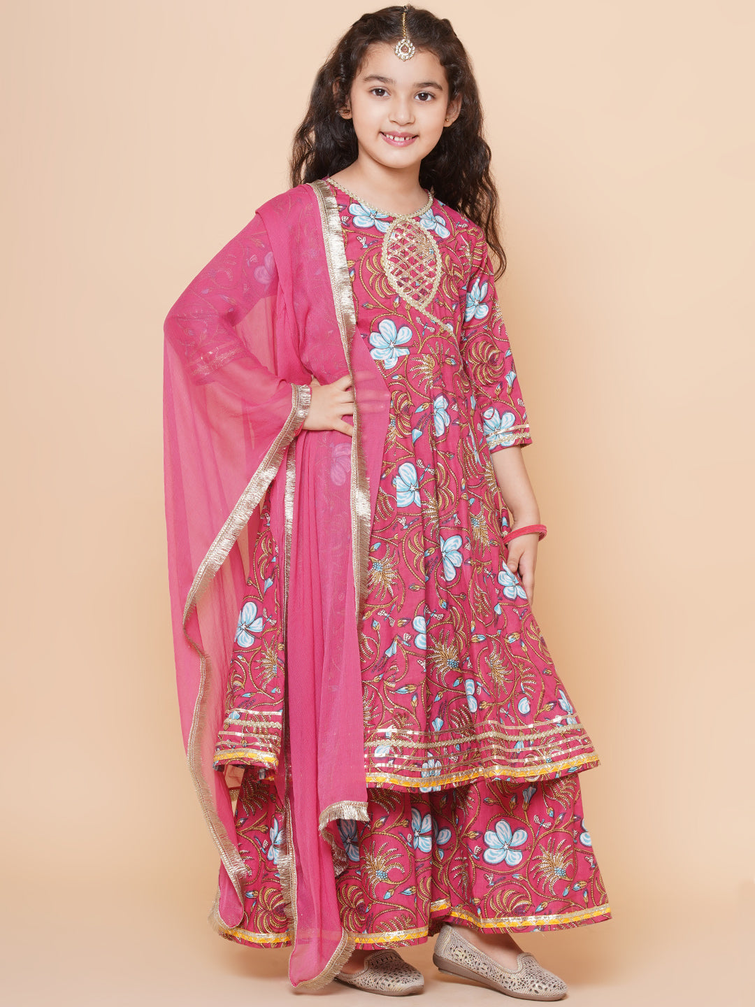 Girls Peach Floral Printed Angrakha Gotta Patti Kurta & Sharara set With Dupatta for Kids - Bhama - Distacart