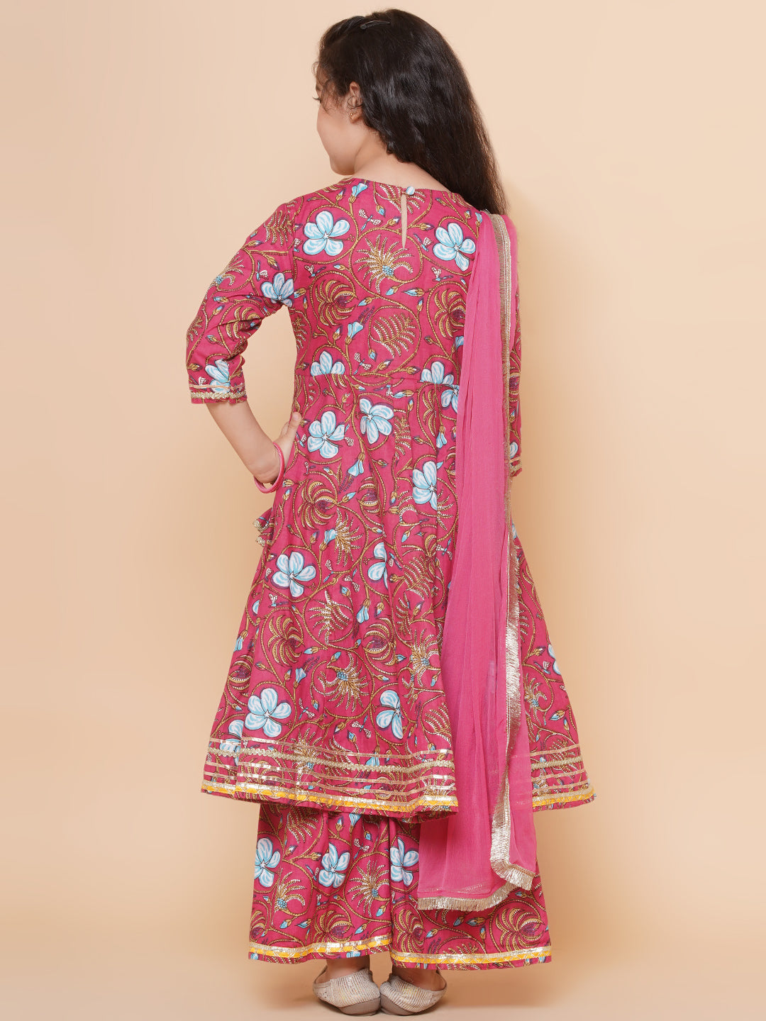 Girls Peach Floral Printed Angrakha Gotta Patti Kurta & Sharara set With Dupatta for Kids - Bhama - Distacart