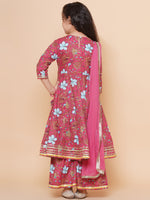 Thumbnail for Girls Peach Floral Printed Angrakha Gotta Patti Kurta & Sharara set With Dupatta for Kids - Bhama - Distacart