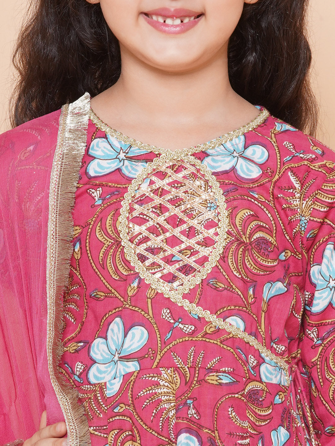 Girls Peach Floral Printed Angrakha Gotta Patti Kurta & Sharara set With Dupatta for Kids - Bhama - Distacart