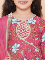 Thumbnail for Girls Peach Floral Printed Angrakha Gotta Patti Kurta & Sharara set With Dupatta for Kids - Bhama - Distacart