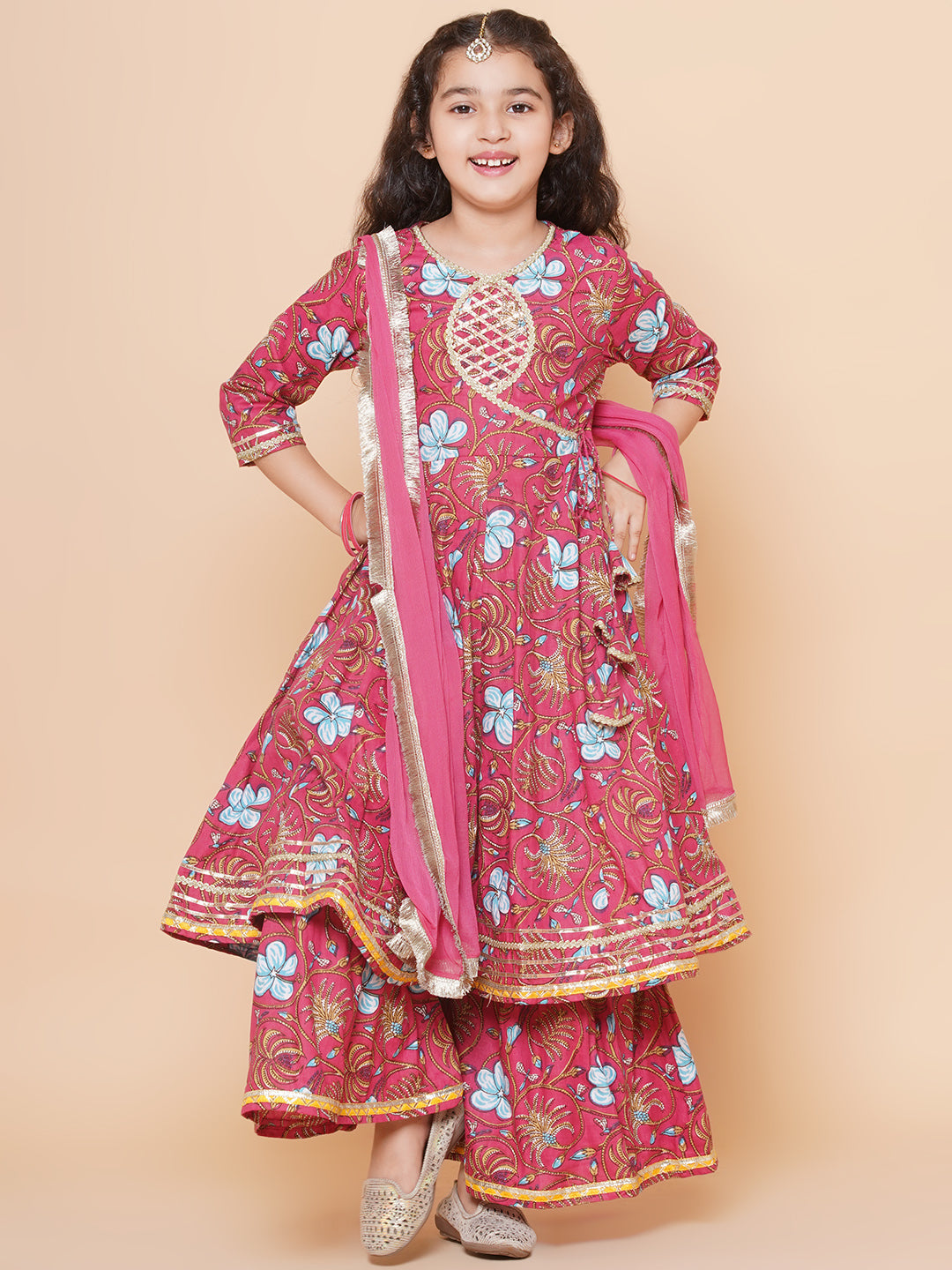 Girls Peach Floral Printed Angrakha Gotta Patti Kurta & Sharara set With Dupatta for Kids - Bhama - Distacart