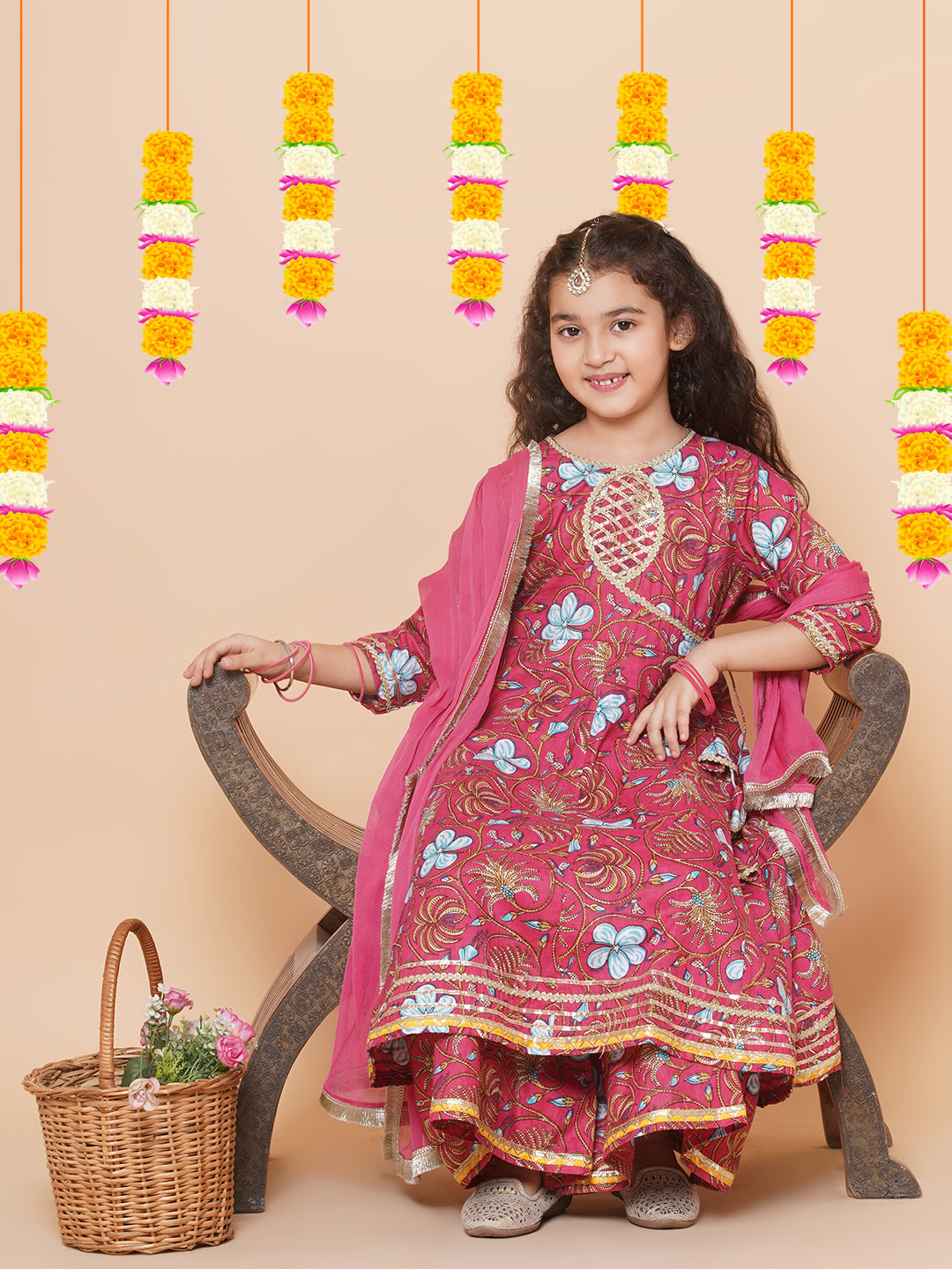 Girls Peach Floral Printed Angrakha Gotta Patti Kurta & Sharara set With Dupatta for Kids - Bhama - Distacart