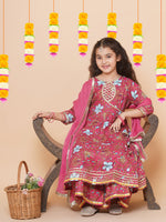 Thumbnail for Girls Peach Floral Printed Angrakha Gotta Patti Kurta & Sharara set With Dupatta for Kids - Bhama - Distacart