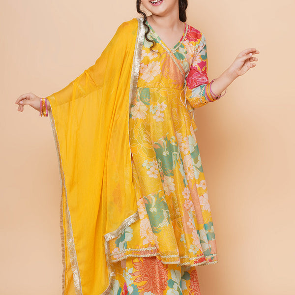 Girls Yellow Multi Floral Angrakha Gotta Patti Kurta Sharara set With Dupatta for Kids - Bhama - Distacart