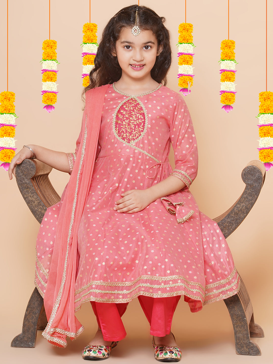 Girls Peach Self design Booti Angrakha Gotta Patti Kurta & with Trouser & Dupatta for Kids - Bhama - Distacart