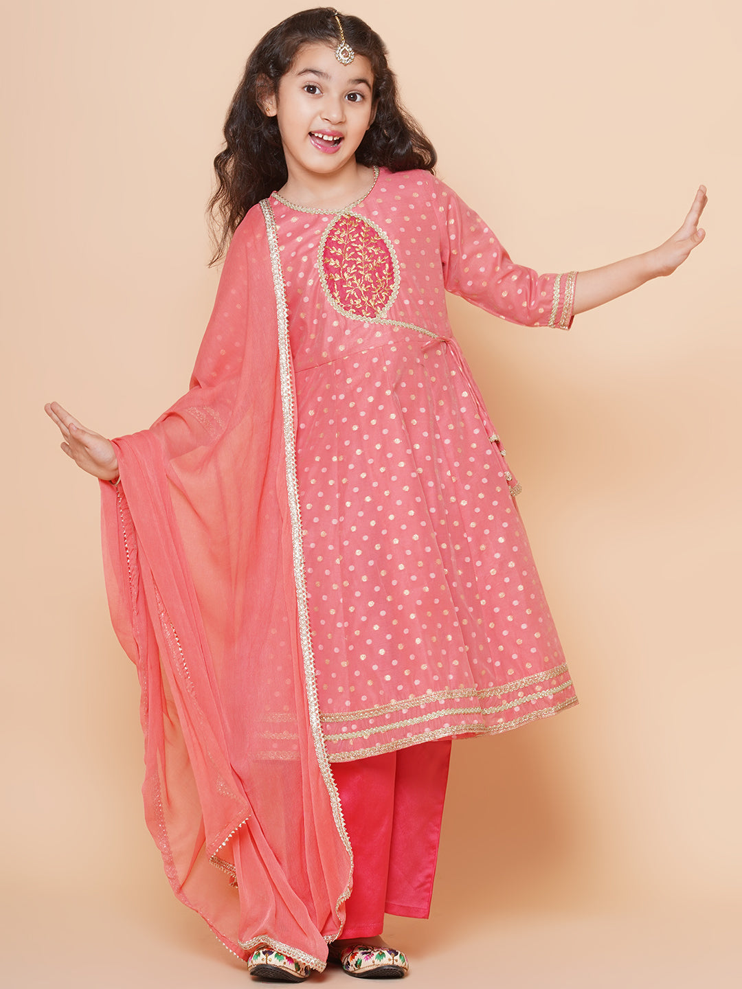 Girls Peach Self design Booti Angrakha Gotta Patti Kurta & with Trouser & Dupatta for Kids - Bhama - Distacart