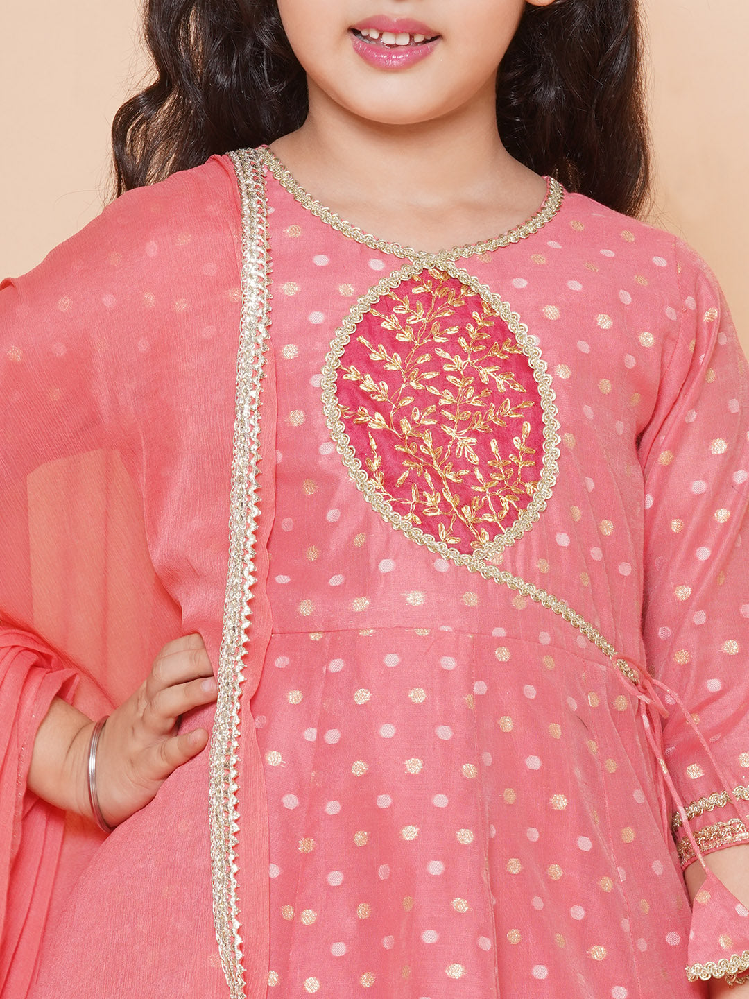 Girls Peach Self design Booti Angrakha Gotta Patti Kurta & with Trouser & Dupatta for Kids - Bhama - Distacart