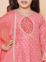 Thumbnail for Girls Peach Self design Booti Angrakha Gotta Patti Kurta & with Trouser & Dupatta for Kids - Bhama - Distacart