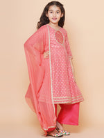 Thumbnail for Girls Peach Self design Booti Angrakha Gotta Patti Kurta & with Trouser & Dupatta for Kids - Bhama - Distacart
