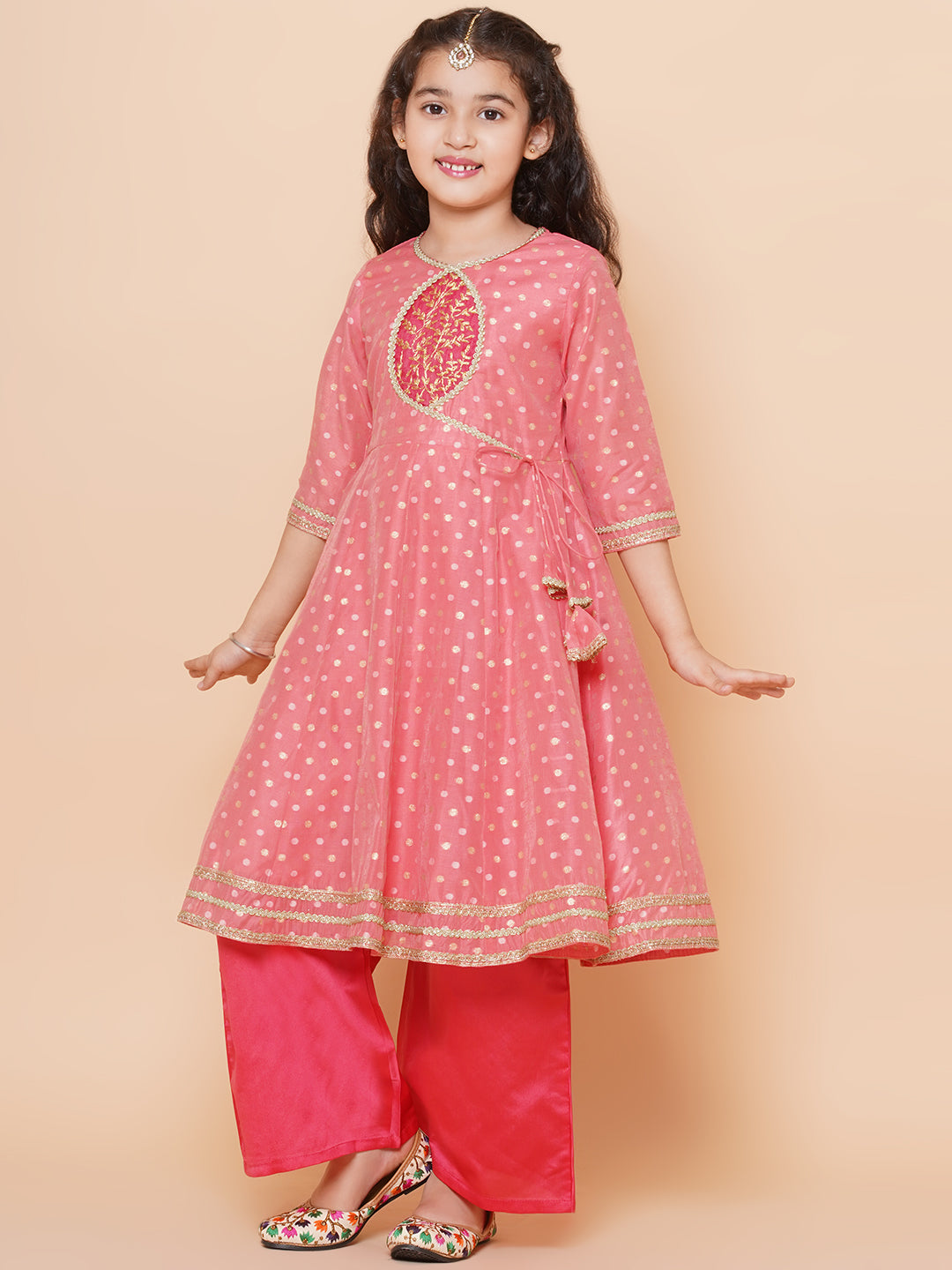 Girls Peach Self design Booti Angrakha Gotta Patti Kurta & with Trouser & Dupatta for Kids - Bhama - Distacart