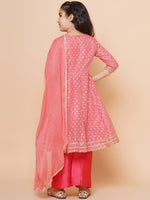 Thumbnail for Girls Peach Self design Booti Angrakha Gotta Patti Kurta & with Trouser & Dupatta for Kids - Bhama - Distacart