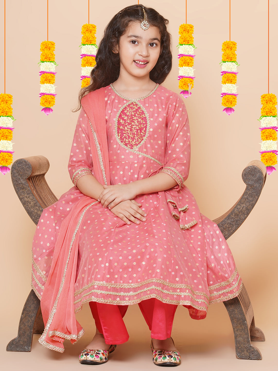 Girls Peach Self design Booti Angrakha Gotta Patti Kurta & with Trouser & Dupatta for Kids - Bhama - Distacart